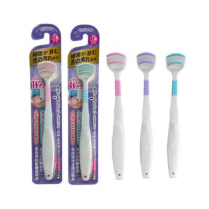 Tongue Cleaner for Adults, Double Plastic Strips Plus Soft bristles, Thin Scraper Brush Head Reduce Gagging