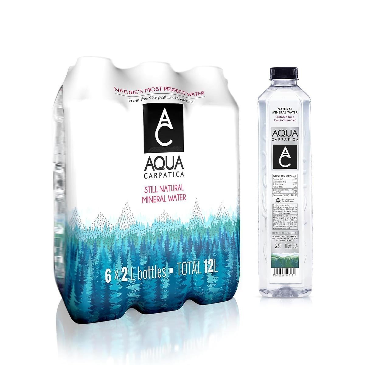 AQUA Carpatica 2L x 6 Pure Natural Still Mineral Water - 6-Pack Bottled Water, Virtually Nitrate Free, Low Sodium, Naturally Alkaline, Natural Electrolytes, Premium Multipack 100% Recyclable