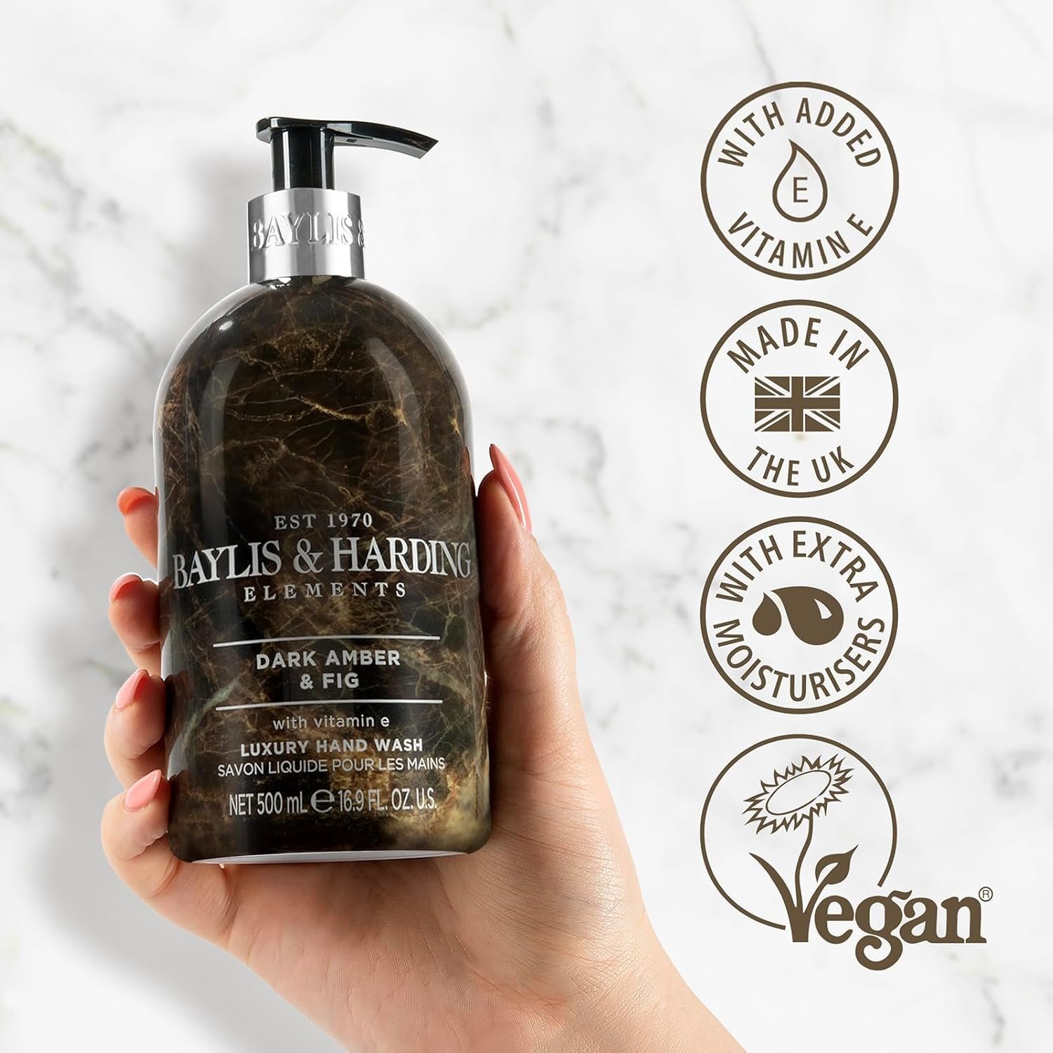 Baylis & Harding Dark Amber & Fig Elements Hand Wash, 500 ml (Pack of 3) - Vegan Friendly - Image 3