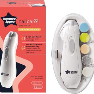 Tommee Tippee Electric Baby Nail File Trimmer, Battery-Powered Infant Nail Clipper with LED Light and Six Filing Heads for Baby and Adult Use